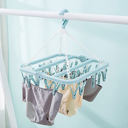 Clothes Hanger with 32 Clips, Foldable Clothes Peg Drying Rack for Socks, Underwear, Bras, Scarves (Blue)