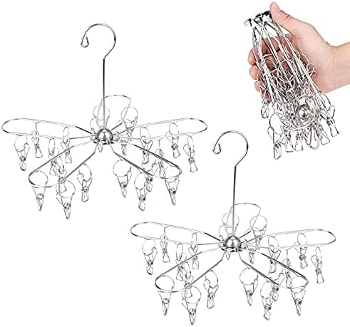 2 Pack Foldable Clip and Drip Hangers, Stainless Steel Clothes Drying Hanger with 20 Clips, Laundry Hanging Drying Rack for Socks, Underwear, Lingerie, Bras, Scarf, Towels, Diapers