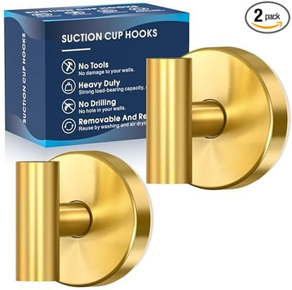 MOTAIPEAK Suction Cup Hooks for Shower,Heavy Duty Shower Towel Suction Hooks,No Drill Wall Mounted Towel Hooks for Bathrooms Wall,Kitchen,Glass,Mirror,Tile to Hang Towels,Robes,Coat-Gold(2 Pack)