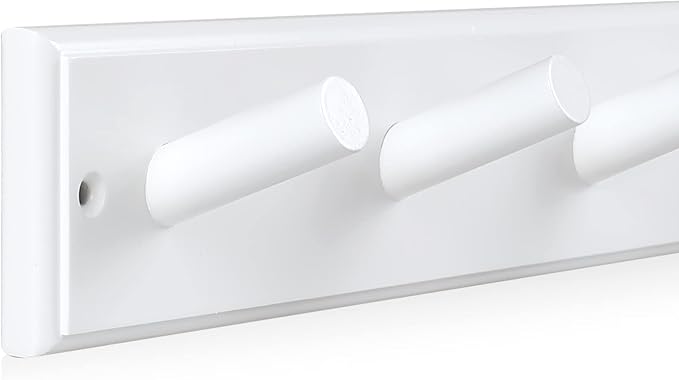 Wood Coat Rack Wall Mounted, 16'' Hole to Hole Wooden Peg Rail for Wall Hangers, 5 Pegs Bamboo Wall Hook for Hanging Towels Hats Robes Clothes Keys, White