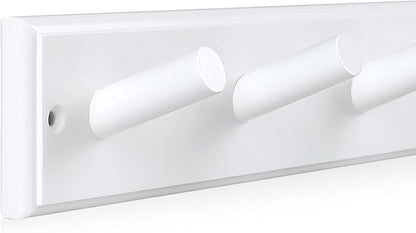 Wood Coat Rack Wall Mounted, 16'' Hole to Hole Wooden Peg Rail for Wall Hangers, 5 Pegs Bamboo Wall Hook for Hanging Towels Hats Robes Clothes Keys, White