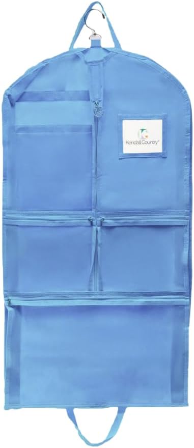 Enhanced Hanging Garment Bag with multiple clear Pockets, carrying straps, front and Side Zippers for Clothes, Dance Costumes, Cheer uniforms, and pageant dresses. (HydrangeaBlue, 35 inch)