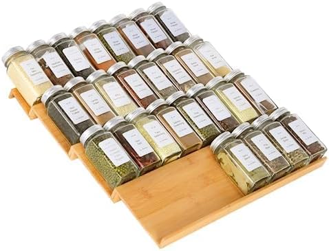KitHero Spice Drawer Organzier,4 Tiers Bamboo Spice Rack Tray Insert for Cabinet Drawer Countertop, Kitchen Seasoning Storage Drawer Organization,14.57" Wide x 15.8" Deep （Hold UP To 32 Jars