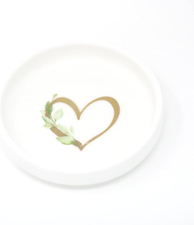 Heart Dish in Gold Foil with Greenery - White Ceramic Tray- Jewelry Trinket Ring Candy Nesting Circle Round Bowl - Favor Decorative Decor - Mom Bridesmaid Friend - Cedar & Ink (1 Heart)