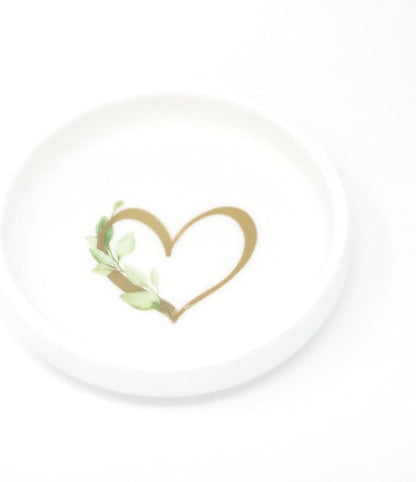 Heart Dish in Gold Foil with Greenery - White Ceramic Tray- Jewelry Trinket Ring Candy Nesting Circle Round Bowl - Favor Decorative Decor - Mom Bridesmaid Friend - Cedar & Ink (1 Heart)