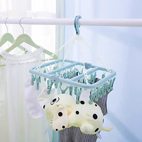 Clothes Hanger with 32 Clips, Foldable Clothes Peg Drying Rack for Socks, Underwear, Bras, Scarves (Blue)