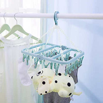 Clothes Hanger with 32 Clips, Foldable Clothes Peg Drying Rack for Socks, Underwear, Bras, Scarves (Blue)