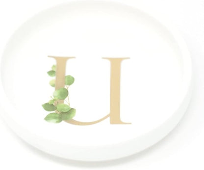 Trinket Tray Ring Dish with Personalized U in Gold Foil and Greenery - White Ring Dish- Monogrammed Trinket Dish or Jewelry Bowl - Cedar & Ink (U)
