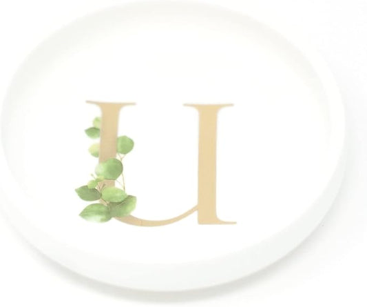 Trinket Tray Ring Dish with Personalized U in Gold Foil and Greenery - White Ring Dish- Monogrammed Trinket Dish or Jewelry Bowl - Cedar & Ink (U)