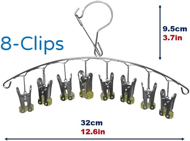 Quick Release Arc Stainless Steel Laundry Drying Rack with 8 Clips,Swivel Hook Wind-Proof Clothes Hanger Rack for Sock, Bras, Underwear, Laundry Accessories