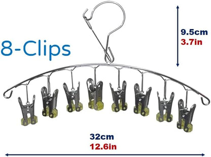 Quick Release Arc Stainless Steel Laundry Drying Rack with 8 Clips,Swivel Hook Wind-Proof Clothes Hanger Rack for Sock, Bras, Underwear, Laundry Accessories