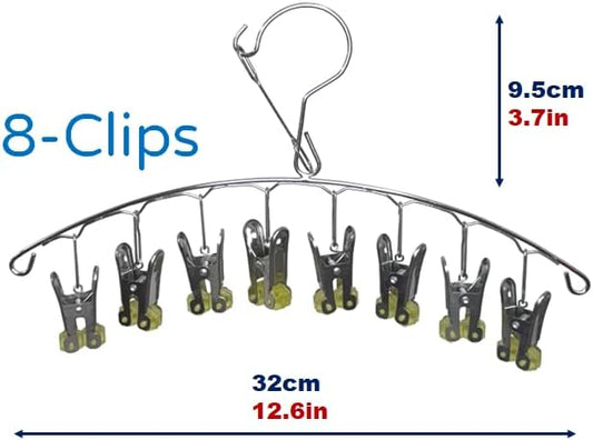 Quick Release Arc Stainless Steel Laundry Drying Rack with 8 Clips,Swivel Hook Wind-Proof Clothes Hanger Rack for Sock, Bras, Underwear, Laundry Accessories