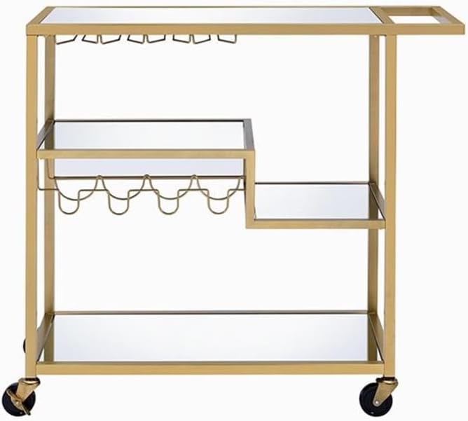 BOWERY HILL Rectangular Glass Top Serving Cart with 3 Tiers in Gold