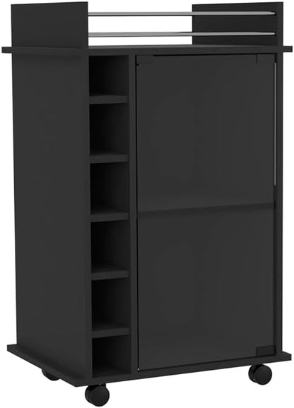 Mobile Bar Cart with Glass Door Cabinet, 6 Wine Bottle Storage Cubbies, Carbon Espresso Finish, 35" H x 21.6" W Bar Serving Cart with Wheels (Black)