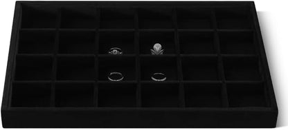 Velvet Stackable Jewelry Display Tray, 24 Grid Earring Ring Storage Tray, Drawer Divider Jewelry Accessories Organizer Plate (Black)
