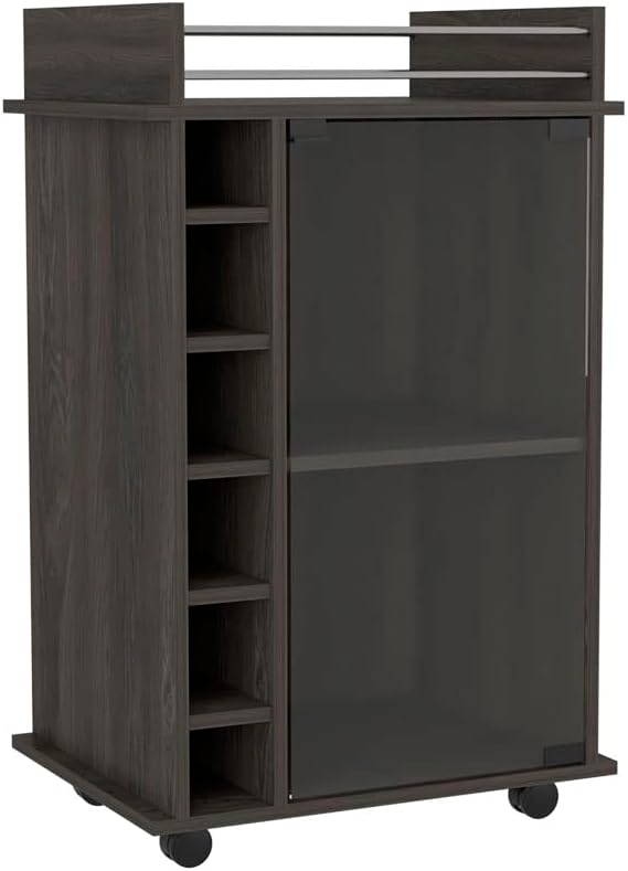 Mobile Bar Cart with Glass Door Cabinet, 6 Wine Bottle Storage Cubbies, Carbon Espresso Finish, 35" H x 21.6" W Bar Serving Cart with Wheels (Espresso)
