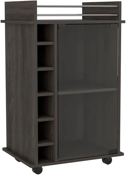 Mobile Bar Cart with Glass Door Cabinet, 6 Wine Bottle Storage Cubbies, Carbon Espresso Finish, 35" H x 21.6" W Bar Serving Cart with Wheels (Espresso)
