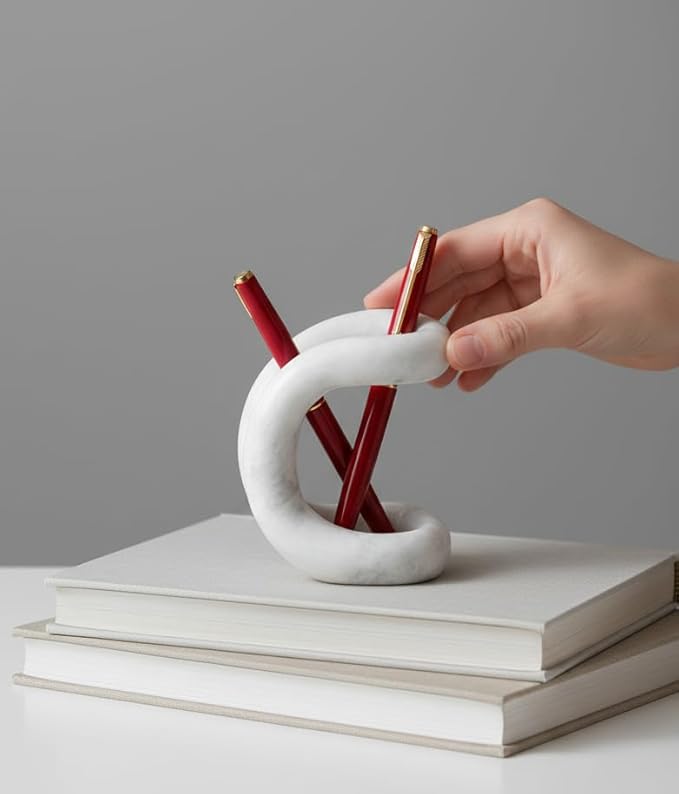 Marble Pen Holder for Desk 4 Inch White Pencil Holder for Desk Accessories & Workspace Organizers - Stone Stationary Holders for Office Decor - Pen Organizer for Gifts