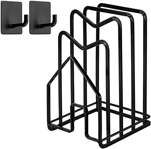 SUNFCON Cutting Board Holder Rack Pot Pan Lids Holder 2 Adhesive 304 Stainless Steel Hanging Hooks Chopping Board Organizer Thin Bakeware Tray Dry Display Stand Kitchen Countertop Cabinet Dark Black