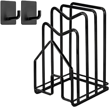 SUNFCON Cutting Board Holder Rack Pot Pan Lids Holder 2 Adhesive 304 Stainless Steel Hanging Hooks Chopping Board Organizer Thin Bakeware Tray Dry Display Stand Kitchen Countertop Cabinet Dark Black