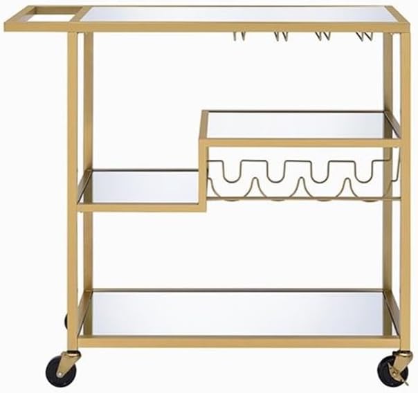 BOWERY HILL Rectangular Glass Top Serving Cart with 3 Tiers in Gold