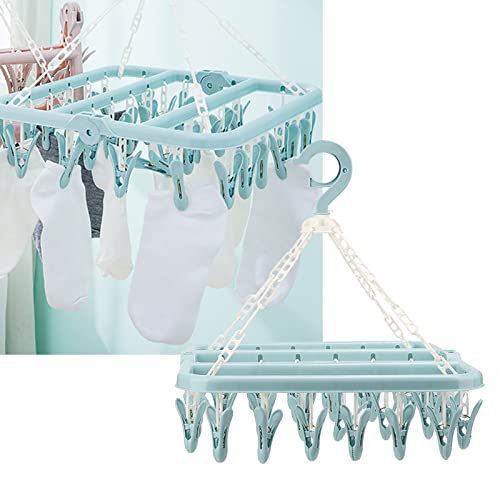 Clothes Hanger with 32 Clips, Foldable Clothes Peg Drying Rack for Socks, Underwear, Bras, Scarves (Blue)