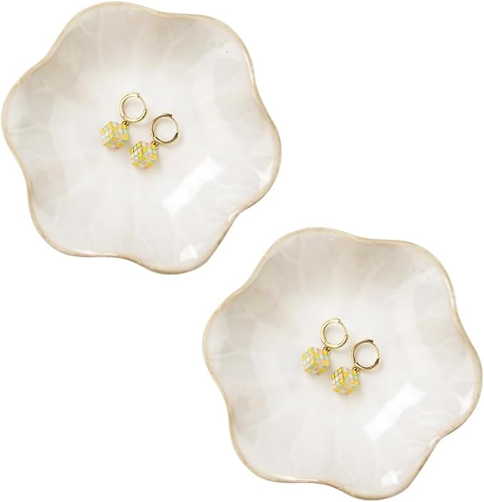 JAMEND CLXP 2PCS White Lotus Leaf Shape Ring Holder Dish, Small Key Bowl, Ceramic Trinket Tray Jewelry Dish Organizing Necklace Earrings for Mom Friend Sister, All Jewelries Are NOT Included, White.