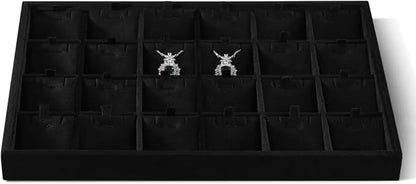 Velvet Necklace Display Tray, Stackable 24 Grid Insert Pendant Necklaces Storage Holder Plate, Jewelry Retail Countertop Organizer (Black)