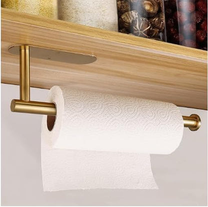 Paper Towel Holders,Paper Towels Rolls,Paper Bulk- Self-Adhesive Under Cabinet Wall Mount Countertop,Both Available in Adhesive and Screws,for Kitchen, Pantry, Sink, Bathroom，Stainless Steel-Gold