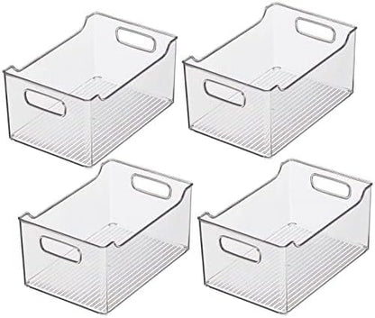 mDesign Plastic Storage Organization Bin with Handles for Kitchen Cabinet, Pantry, Shelf, Fridge/Freezer - Home Organizer for Fruit, Potatoes, Onions, Drinks, Snacks, Pasta - 4 Pack - Clear