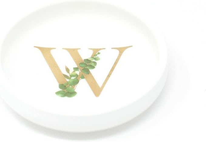 Cedar and Ink Ring Dish with Personalized W in Gold Foil & Greenery, Monogrammed Jewelry Dish, Accessories & Wedding Ring Holder, Dressing Table Tray (W)