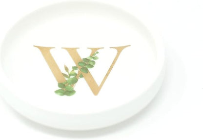 Cedar and Ink Ring Dish with Personalized W in Gold Foil & Greenery, Monogrammed Jewelry Dish, Accessories & Wedding Ring Holder, Dressing Table Tray (W)