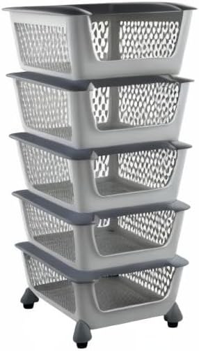 Cand 5-Pack Large Stackable Storage Bins, Plastic Stacking Baskets for Fruit, Vegeable, Snacks, Grey
