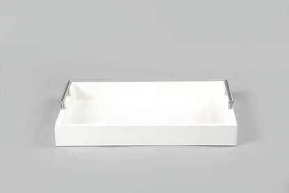 Serving Tray 16.5“X 13“ Deluxe Wooden Ottoman Tray,Coffee Table with Polished Silver Metal Handles-4 Round Coasters Included, White