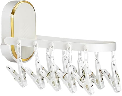 Wall-Mounted Foldable Laundry Rack with 11 Built-in Clips - Space-Saving Retractable Clothes Drying Organizer for Socks/Underwear, No Extra Hangers Needed, Collapsible Design for Bathroom/Balcony