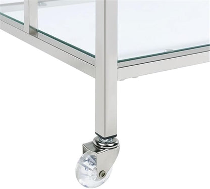 BOWERY HILL Contemporary Clear Tempered Glass Serving Bar Cart