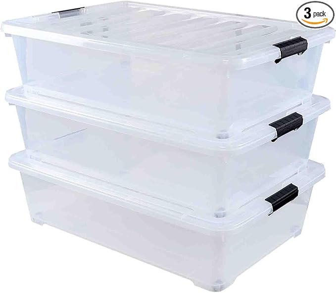 Bringer Set of 3 Large Under Bed Plastic Storage Bins with Lids, 50 L Clear Plastic Latch Storage Box with Wheels