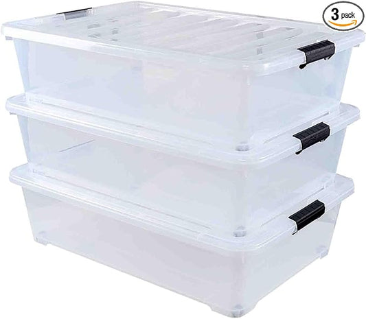 Bringer Set of 3 Large Under Bed Plastic Storage Bins with Lids, 50 L Clear Plastic Latch Storage Box with Wheels