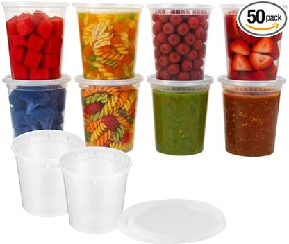 ProTakeOut 24oz [50 set] Heavy Duty Plastic Deli Container | BPA-Free Food Storage with Airtight Leak‑Proof Lids | Microwave, Freezer & Dishwasher Safe – Stackable, Bulk Reusable Soup & Meal Prep Tub