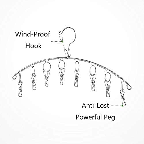 Clothes Hanger with 10 Clips, Stainless Steel, Windproof, for Drying Socks, Bras, Underwears, Baby Clothes, Hats, Scarfs, Towels, Pants and Gloves (6 Pack)