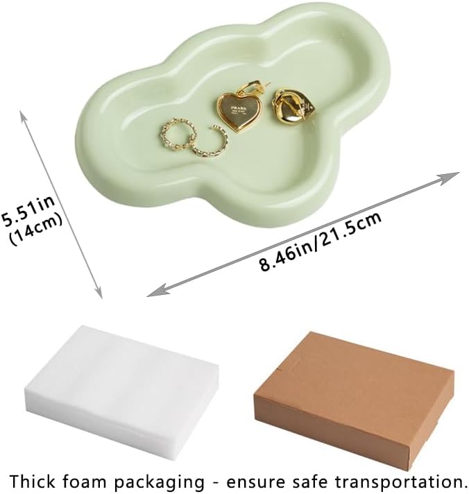 Lynagert Cloud Trinket Dish, Chubby Jewelry Tray, Ceramic Jewelry Ring Trinket Dish for Rings Earrings Necklace Organizer, Mother's Day Thanksgiving Christmas Birthday Bridesmaid Gifts (T-Green tea)