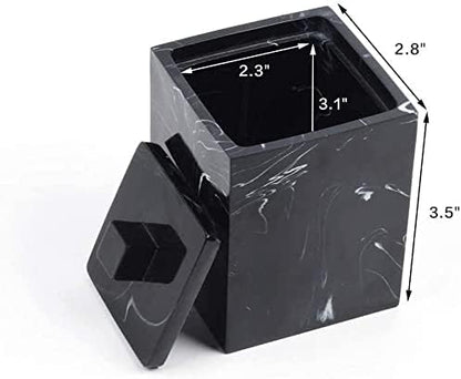 Jung Ford Qtip Holder for Bathroom with Lid – Square Cotton Swab Organizer, Cotton Ball Dispenser, Makeup Pad Container – Marble Look Resin Vanity Storage (Black)
