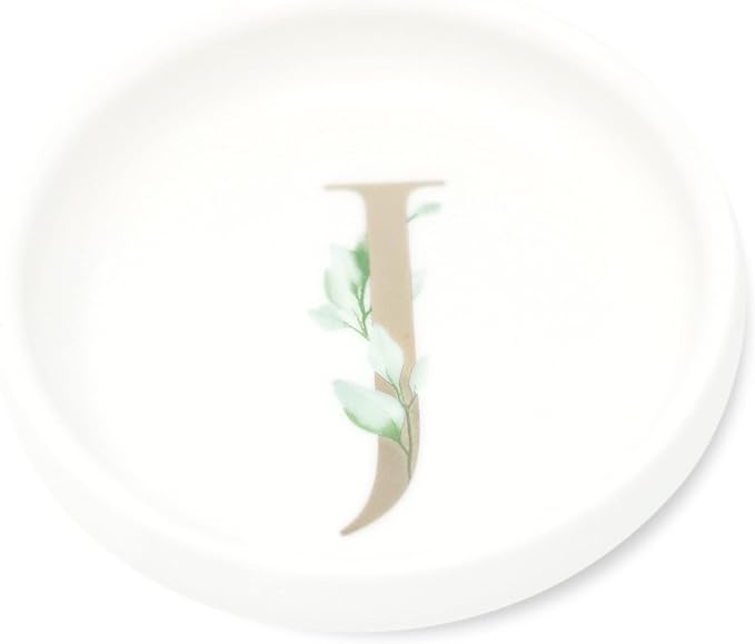 Trinket Tray Jewelry Dish with Monogrammed J in Gold Ring Holder - White Trinket Dish - Personalized Ring Dish or Jewelry Tray - Cedar & Ink (J)