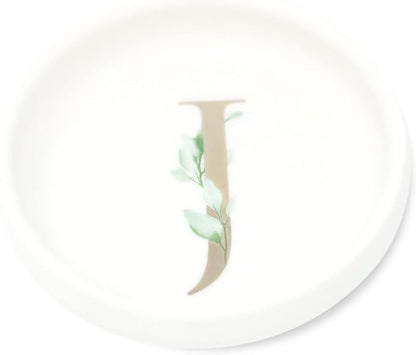Trinket Tray Jewelry Dish with Monogrammed J in Gold Ring Holder - White Trinket Dish - Personalized Ring Dish or Jewelry Tray - Cedar & Ink (J)
