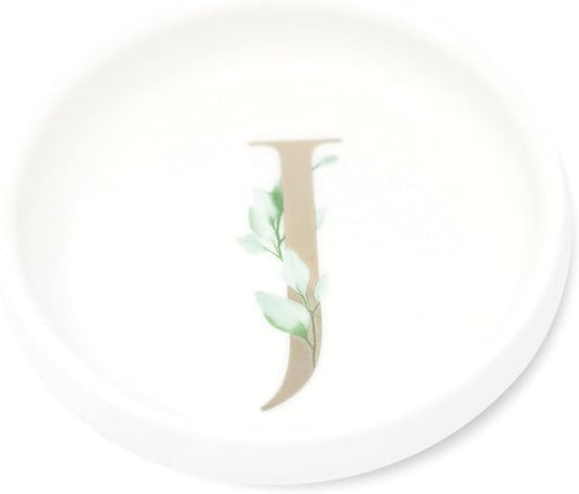Trinket Tray Jewelry Dish with Monogrammed J in Gold Ring Holder - White Trinket Dish - Personalized Ring Dish or Jewelry Tray - Cedar & Ink (J)