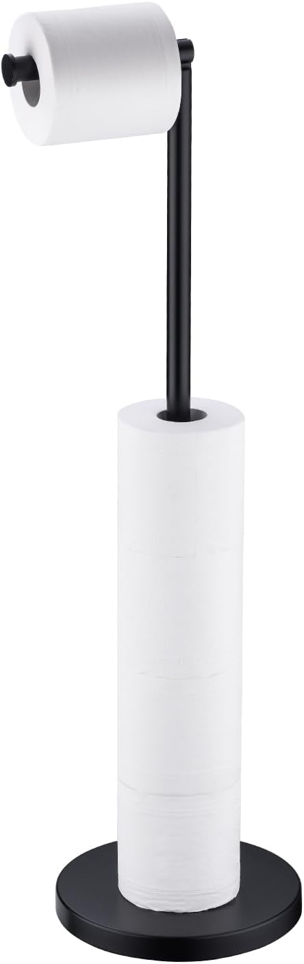 BAGNOLUX Bathroom Toilet Paper Holder Stand with Reserve, SUS304 Stainless Steel Rustproof Pedestal Tissue Roll Holder Heavy Duty (Matte Black)