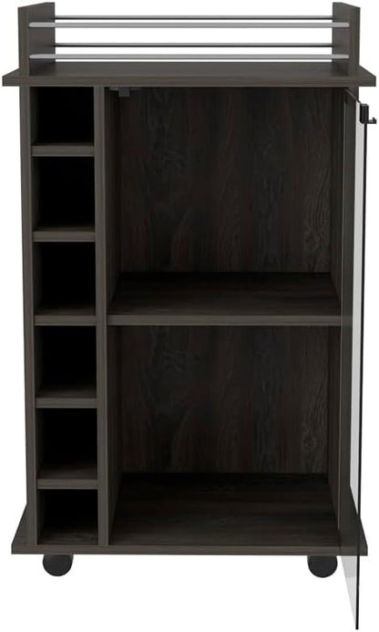 Mobile Bar Cart with Glass Door Cabinet, 6 Wine Bottle Storage Cubbies, Carbon Espresso Finish, 35" H x 21.6" W Bar Serving Cart with Wheels (Espresso)