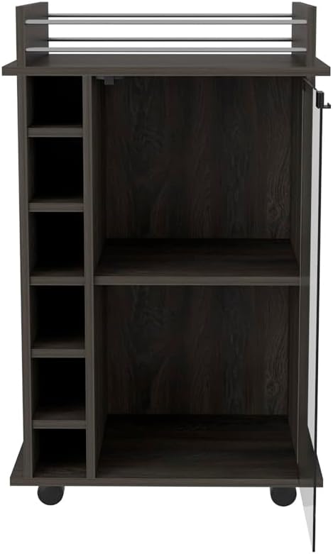 Mobile Bar Cart with Glass Door Cabinet, 6 Wine Bottle Storage Cubbies, Carbon Espresso Finish, 35" H x 21.6" W Bar Serving Cart with Wheels (Espresso)