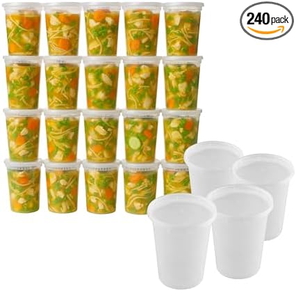 ProTakeOut 32oz [240 set] Heavy Duty Plastic Deli Container | BPA-Free Food Storage with Airtight Leak‑Proof Lids | Microwave, Freezer & Dishwasher Safe – Stackable, Bulk Reusable Soup & Meal Prep Tub