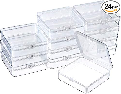 SATINIOR 24 Packs Small Clear Plastic Beads Storage Containers Box with Hinged Lid for Storage of Small Items, Crafts, Jewelry, Hardware (3.7 x 3.7 x 1.18 Inches)